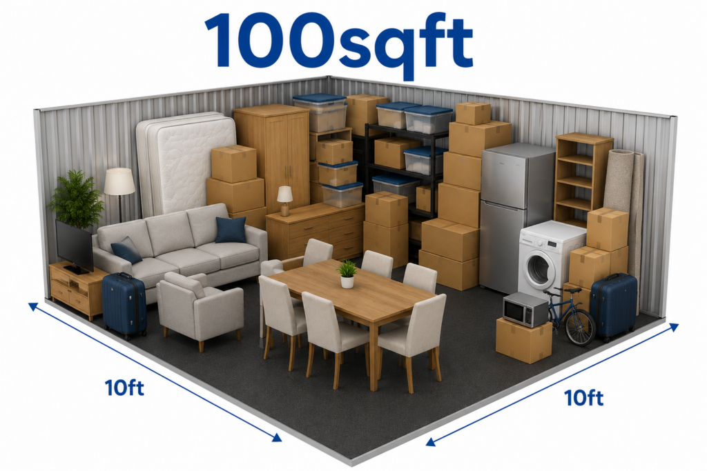 100sqft storage unit suitable for furniture, dining sets, appliances and 2-bedroom house storage in Birmingham