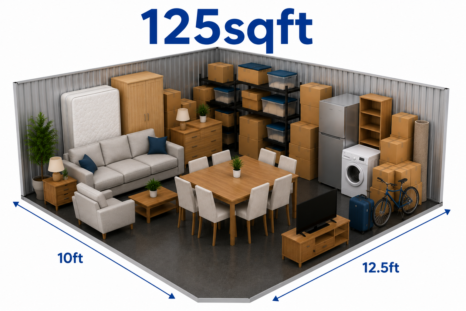 125sqft storage unit suitable for furniture, appliances, dining sets and 3-bedroom house storage in Birmingham