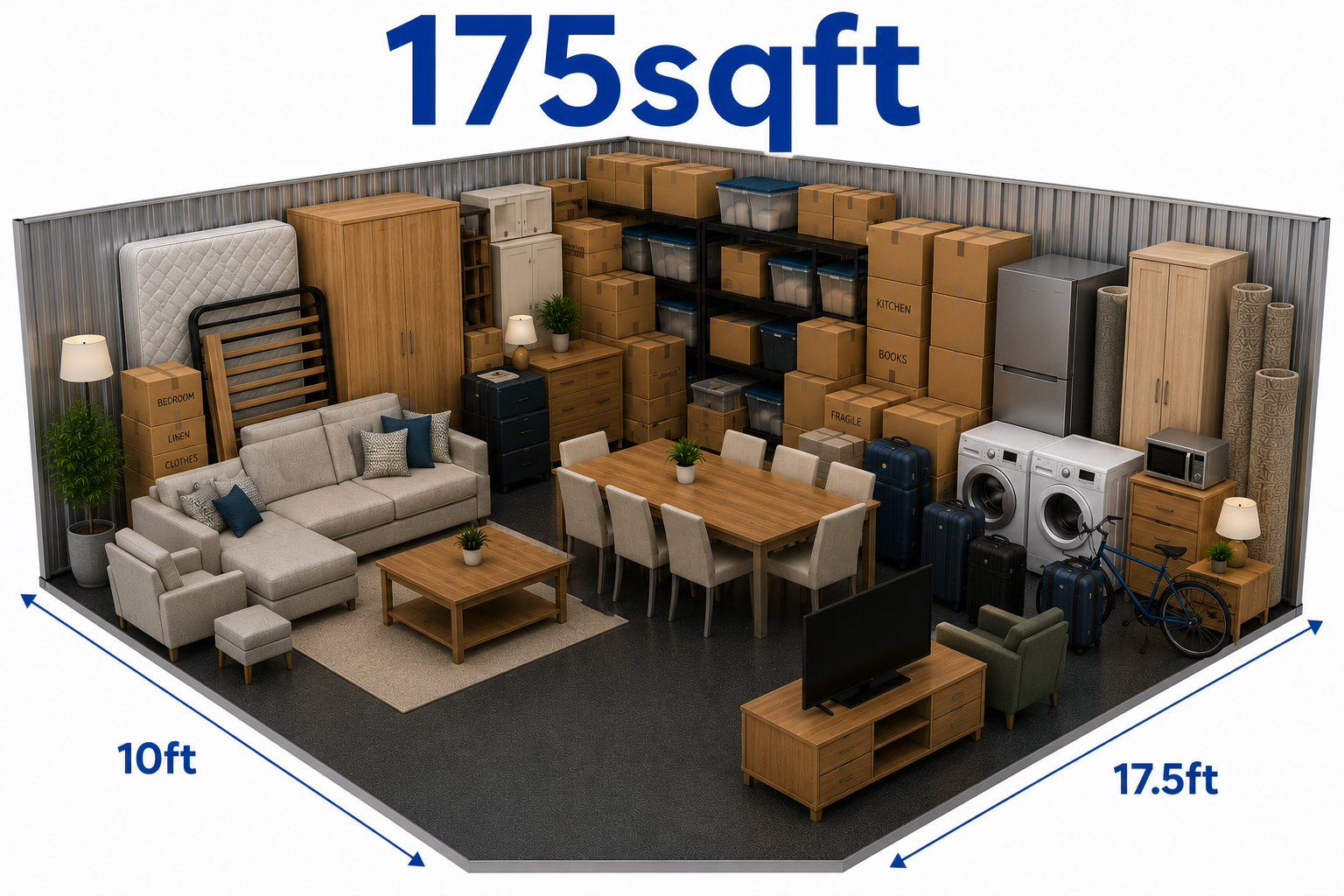175sqft storage unit suitable for large furniture, appliances, dining sets, wardrobes and family home storage in Birmingham