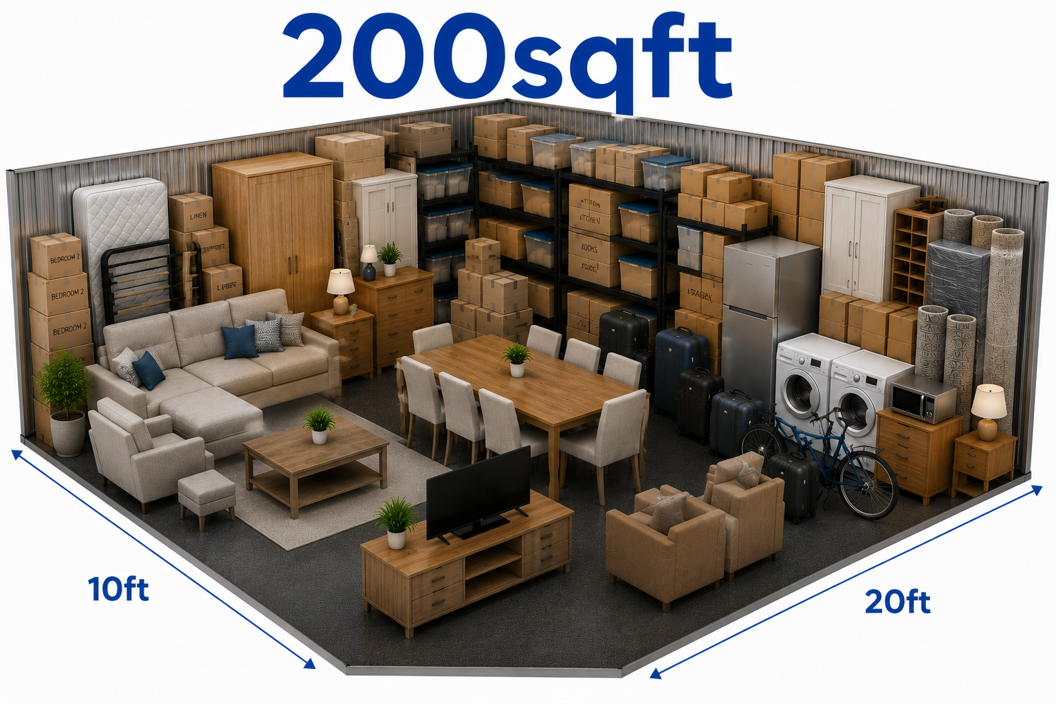 200sqft storage unit suitable for full household furniture, appliances, moving boxes and large family home storage in Birmingham