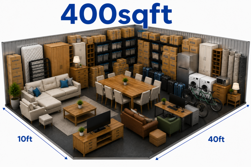 400sqft storage unit suitable for large household furniture, office equipment and bulk family storage in Birmingham