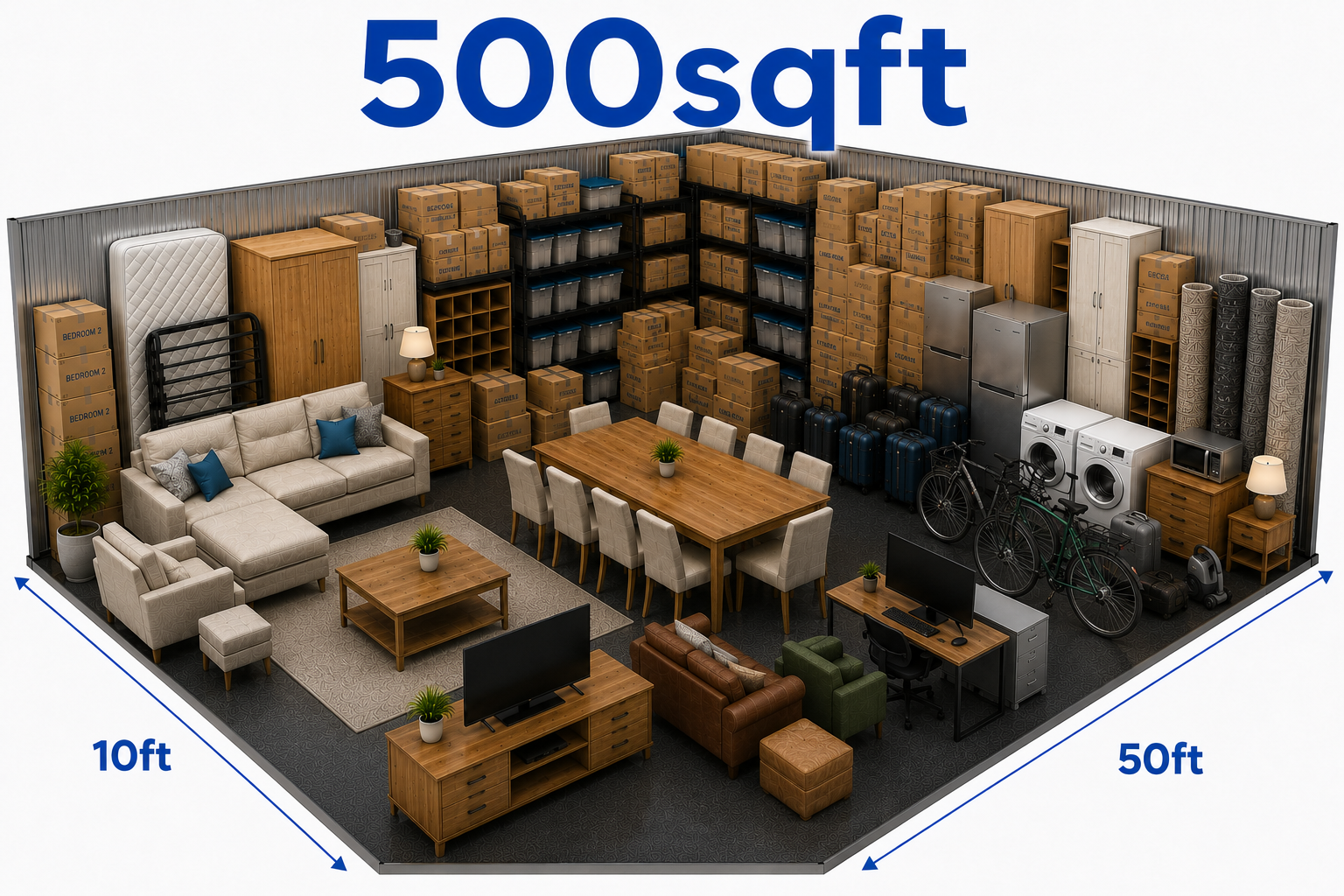 500sqft storage unit suitable for large household furniture, office equipment, appliances and bulk storage in Birmingham
