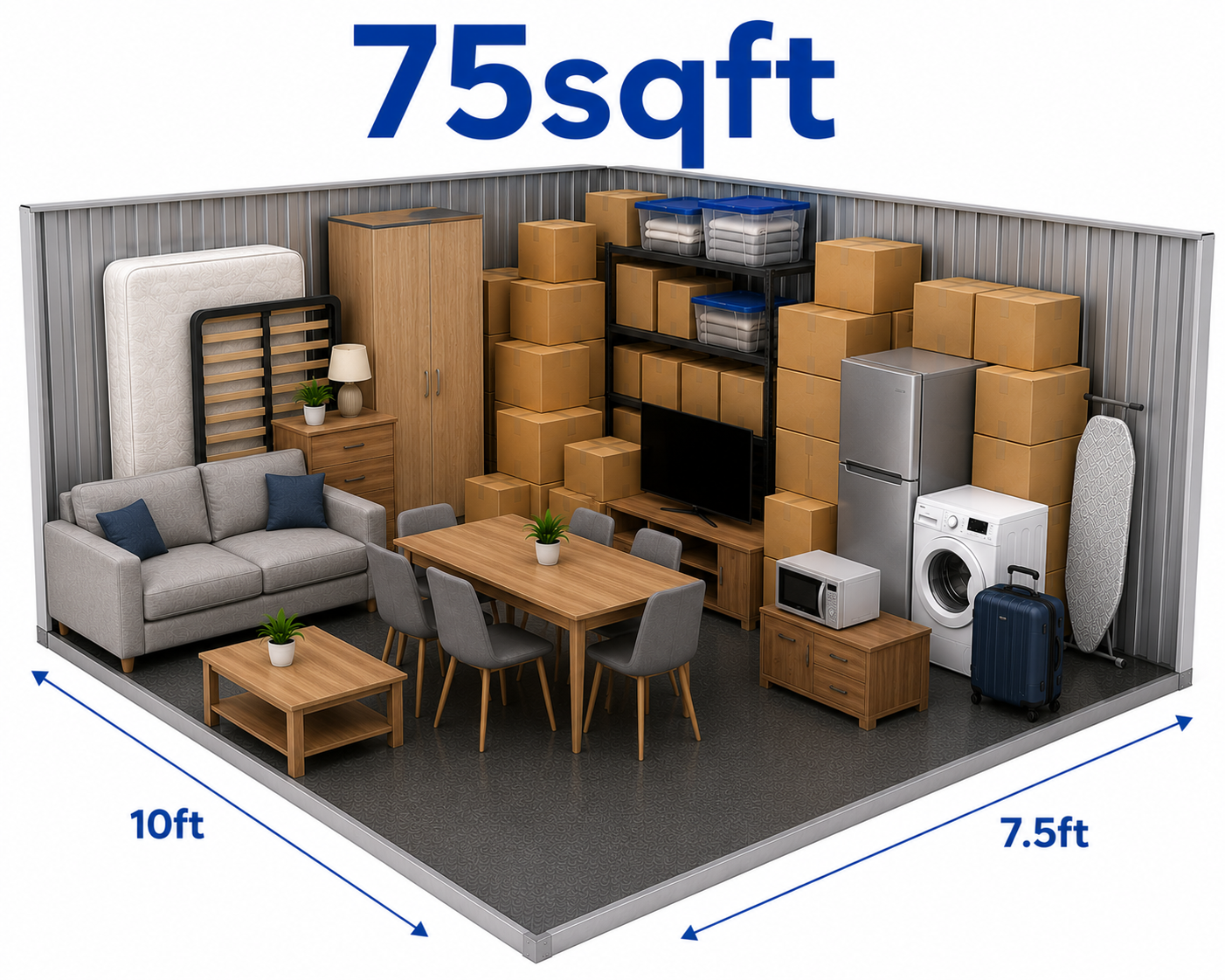 75sqft storage unit suitable for sofas, dining furniture, appliances and 1-bedroom flat storage in Birmingham