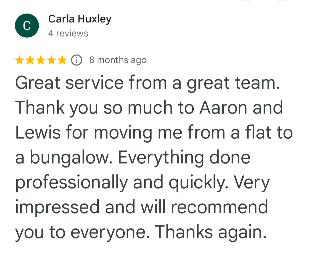 5-star customer review for ShiftMate Removals flat to bungalow move