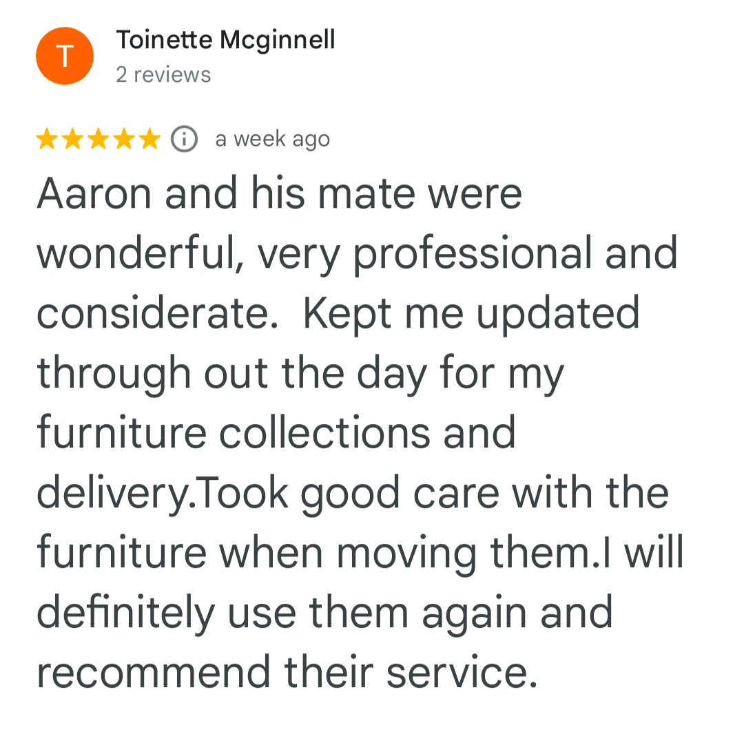 5-star customer review for ShiftMate Removals furniture collection and delivery service