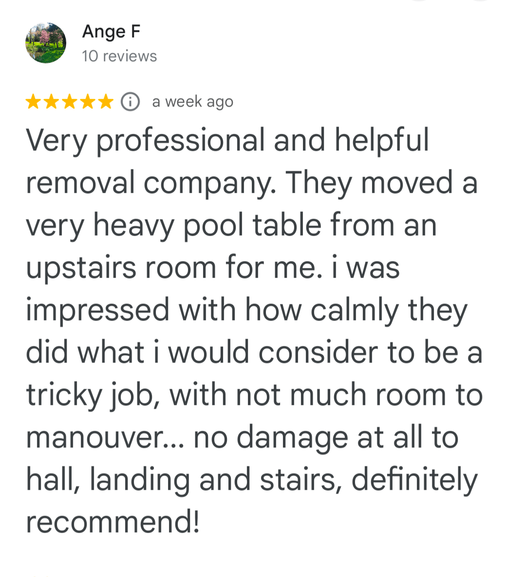 5-star customer review for ShiftMate Removals heavy pool table move