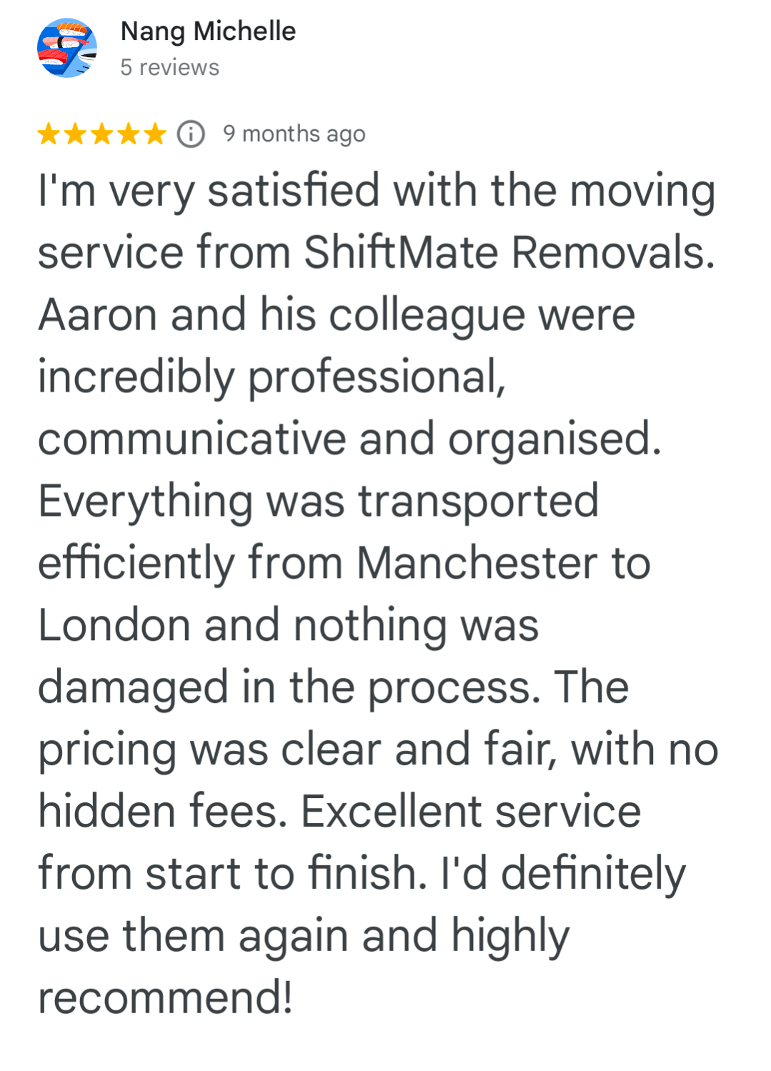 5-star customer review for ShiftMate Removals long-distance move from Manchester to London