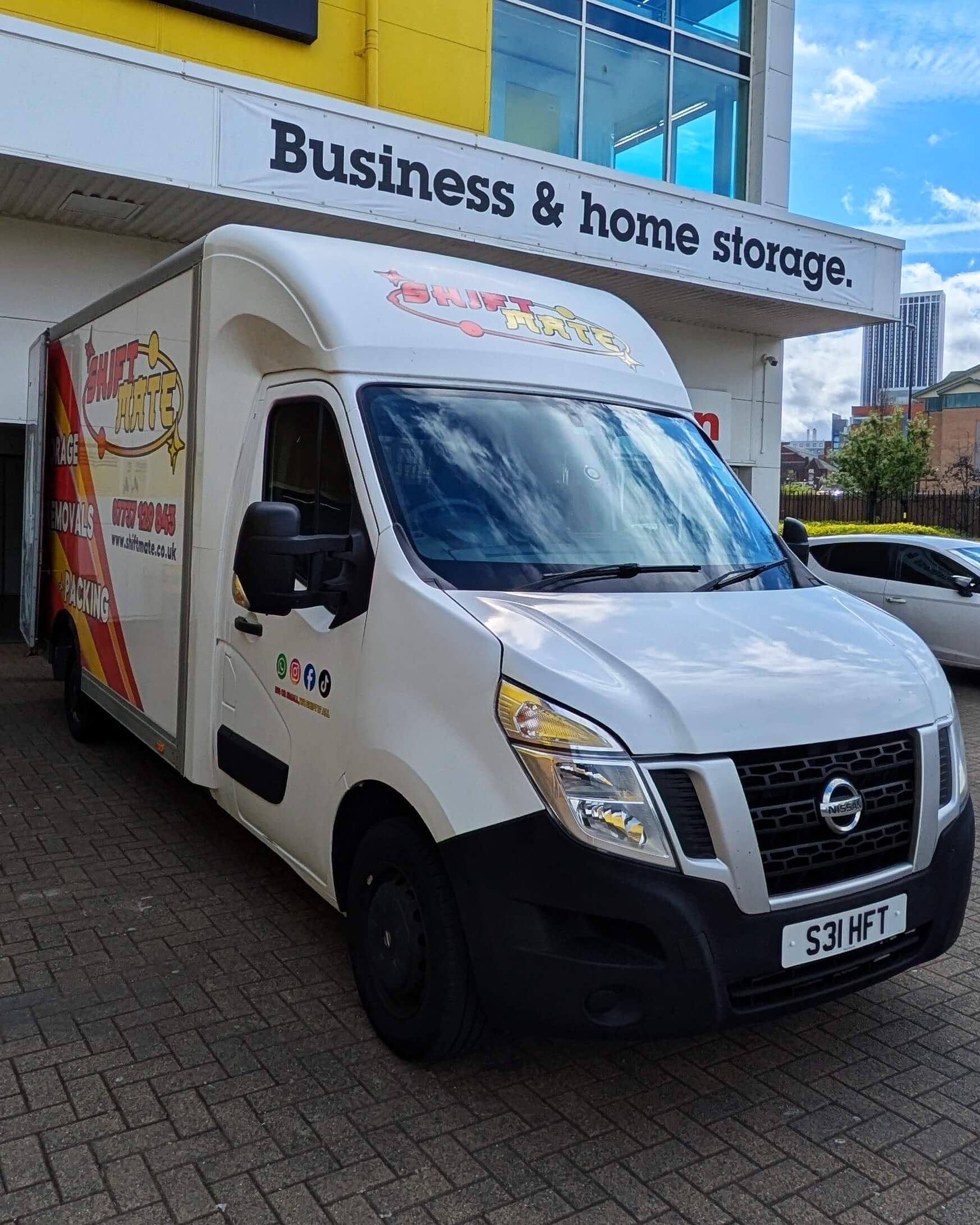 ShiftMate Removals storage service in Birmingham with branded Luton van outside secure storage facility