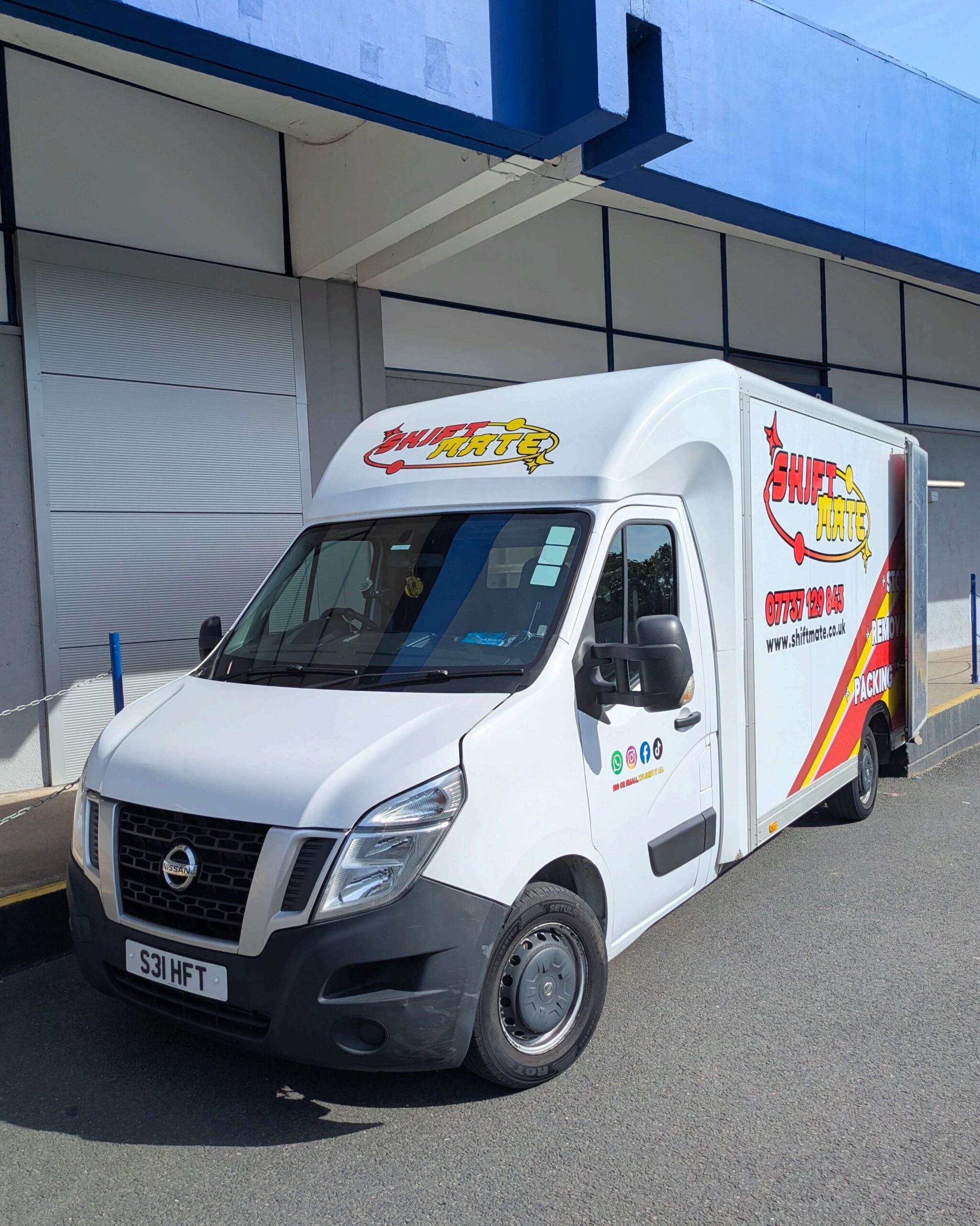 ShiftMate Removals storage vehicle outside secure warehouse facility in Birmingham