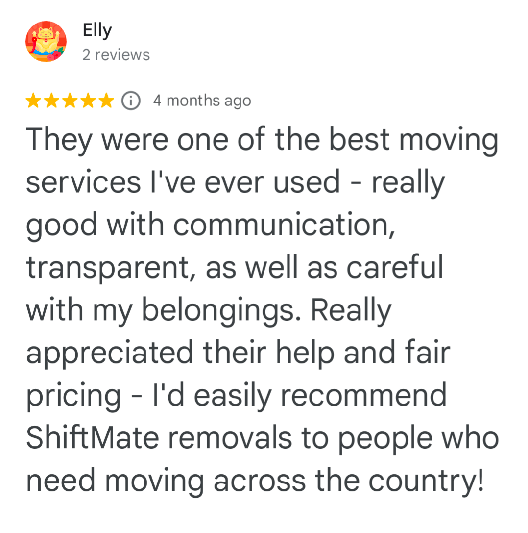 5-star Google review for ShiftMate Removals UK-wide moving service