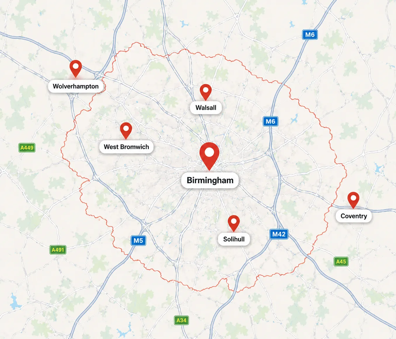 House removals service area map covering Birmingham and the West Midlands